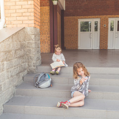 at break in school girl, child, for lunch, in kindergarten
