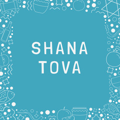 Frame with Rosh Hashanah holiday flat design white thin line icons with text in english