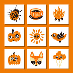 Autumn card set. Cute vector illustrations. Nursery creator