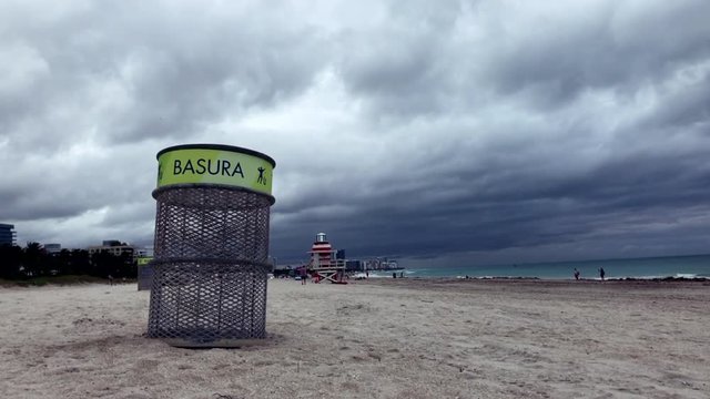 Trash can with Spanish word for garbage "Basura" on South Beach in Miami, Florida