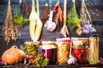 Pickled Marinated Fermented vegetables on shelves