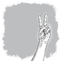 Man hand gesture. Pointing up V or Victory male fingers. Hand drawn sketch. Boy V sign hand. Vector.