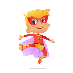 Dancing Boy wearing colorful costume of superheroe, isolated on white background. Cartoon vector characters of Kid Superheroes, for party, invitations, web, mascot