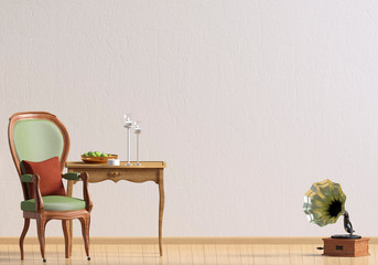 Classic interior with table and chair. Wall mock up. 3d illustration.