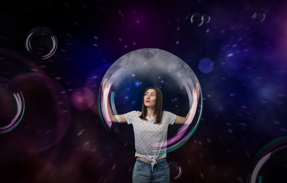 Pretty Woman With Big Soap Bubble