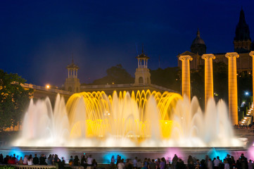 Night view of famous Magic Fountain light show in Barcelona, Spain.
