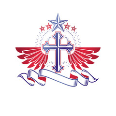 Cross of Christianity graphic winged emblem, the faith is free. Heraldic vector design element. Retro style label, religious insignia decorated with bird wings and pentagonal star.