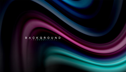 Fluid colors abstract background, twisted liquid design on black, colorful marble or plastic wave texture backdrop, multicolored template for business or technology presentation or web brochure cover