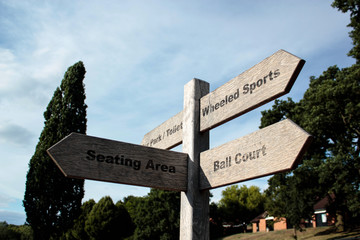 The photo shows a sign indicating the road. photo taken on the playground for children and adolescents