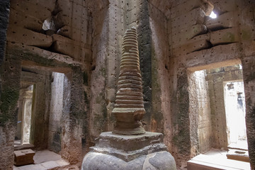 Ancient hindu temple interior decor, Angkor Wat, Cambodia. Preah Khan temple interior decor. Khmer heritage architecture