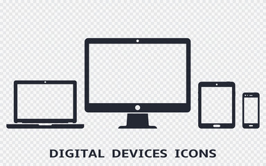 Device icons set: smartphone, tablet, laptop and desktop computer. Vector illustration of responsive web design.