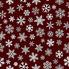 Christmas seamless pattern of snowflakes with shadows, white on brown background