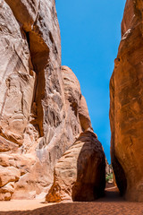 Narrow stone gorge. Arches National Park, Moab Desert