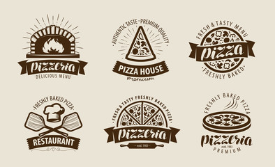 Pizza, pizzeria logo or label. Food symbol set. Vector illustration - obrazy, fototapety, plakaty