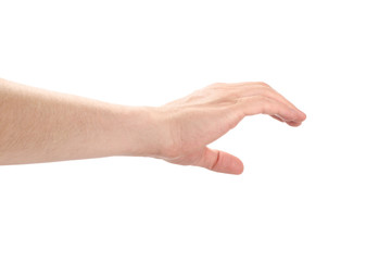 Male hand, holding something, isolated on white background