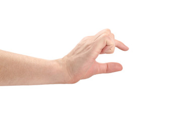 Hand holding something small, isolated on white background