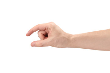 Hand holding something small, isolated on white background