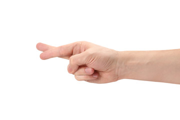 Hand showing cheating sign, isolated on white background
