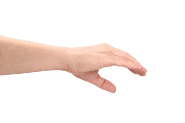 Male hand, holding something, isolated on white background