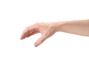 Male hand, holding something, isolated on white background