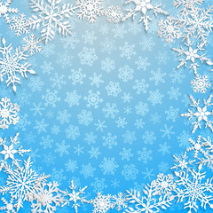 Christmas illustration with circle frame of big white snowflakes with shadows on light blue background