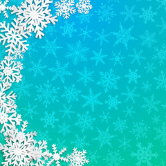 Christmas illustration with semicircle of big white snowflakes with shadows on light blue background