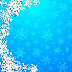 Christmas illustration with semicircle of big white snowflakes with shadows on light blue background