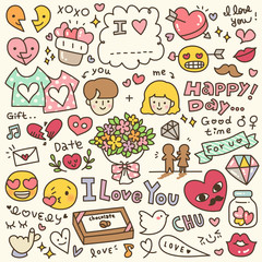 Set of Cute Valentine's Day Doodle. Hand Drawn. Vector Illustration.