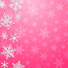 Christmas illustration with big white snowflakes with shadows on pink background