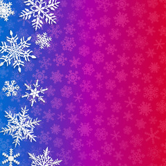 Christmas illustration with big white snowflakes with shadows on blue and purple background