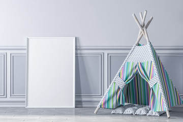 Blank poster frame mockup in kids room, game wigwam 3d rendering © radmila85