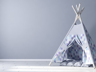 Blank wall mockup with game wigwam 3d rendering © radmila85