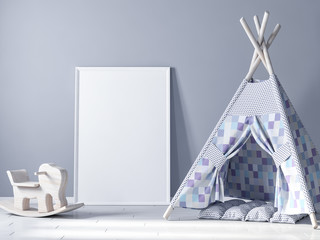 Blank poster frame mockup in kids room, game wigwam 3d rendering © radmila85
