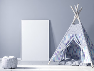 Blank poster frame mockup in kids room, game wigwam 3d rendering © radmila85