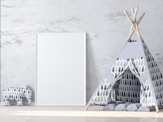 Blank poster frame mockup in kids room, game wigwam 3d rendering © radmila85