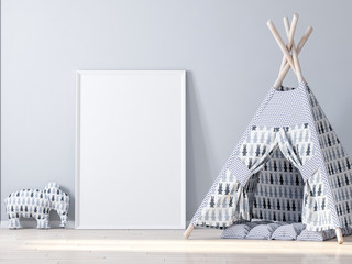 Blank poster frame mockup in kids room, game wigwam 3d rendering © radmila85