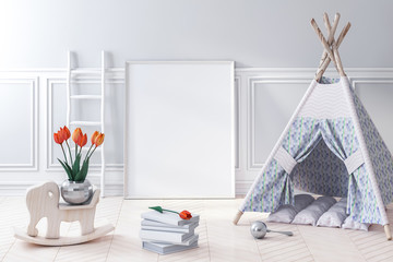Blank poster frame mockup in kids room, game wigwam 3d rendering © radmila85