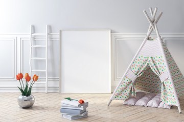 Blank poster frame mockup in kids room, game wigwam 3d rendering © radmila85
