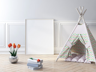 Blank poster frame mockup in kids room, game wigwam 3d rendering © radmila85