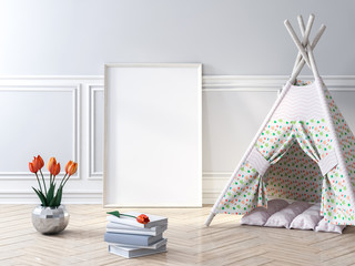Blank poster frame mockup in kids room, game wigwam 3d rendering © radmila85