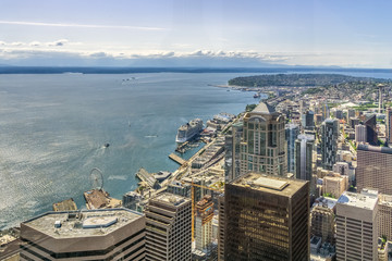 Seattle Skyline. Aerial view of Seattle waterfront and downtown district from the Sky View Obervatory Tower, Washington state, USA