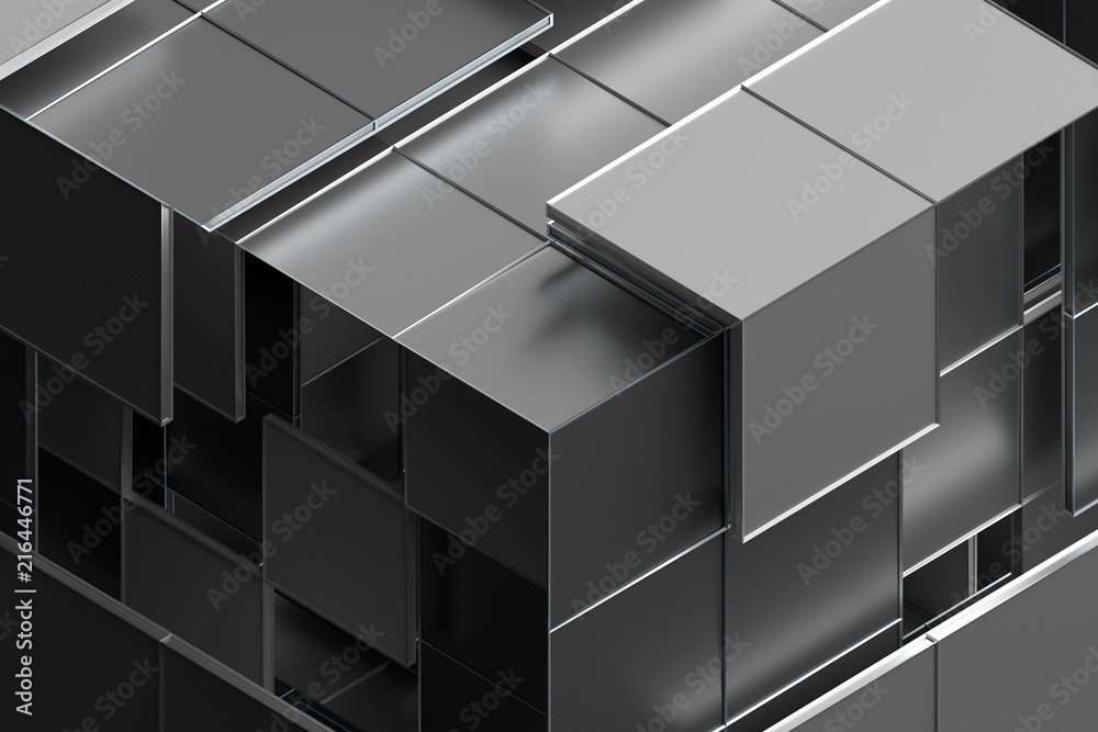 Poster Abstract 3d rendering of geometric shapes. Composition with squares. Cube design. Modern background for poster, cover, branding, banner, placard.