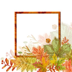 Autumn Leaves Decorated Square Frame Template Isolated on White Background.