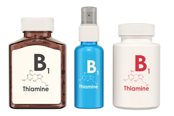 Vitamin B1, thiamine. Medical bottles with pills and spray bottle, 3D rendering