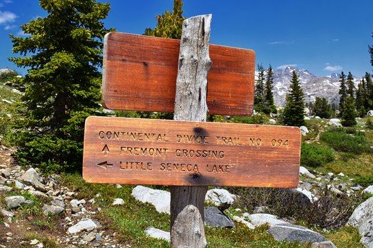 Continental Divide Trail Sign In Wind Rivers Range Wyoming Along Continental Divide Trail No. 094, Fremont Crossing, Seneca Lake, Lester Pass, Island Lake And Indian Lake Which Is Part Of The Rocky Mo