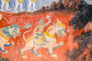 Part of Reamker murals on the wall of the Reamker gallery of the Sylver pagoda compound inside the Royal Palace © laranik