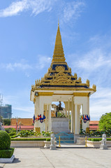 Statue of King Norodom sits on a white horse  inside the Royal Palace in Phnom Penh, Cambodia.