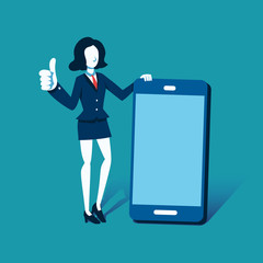 Vector illustration of businesswoman and big smartphone for design.
