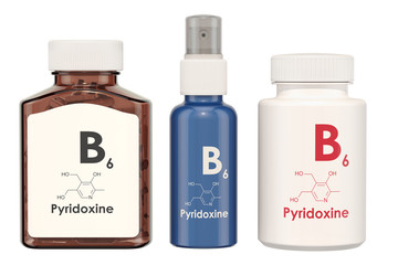 Vitamin B6, pyridoxine. Medical bottles with pills and spray bottle, 3D rendering