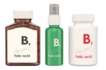 Vitamin B9, folic acid. Medical bottles with pills and spray bottle, 3D rendering